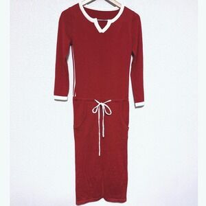 Red Knit Sporty Midi Dress SM Long Sleeve Drawstring White Trim VTG 70's? Retro